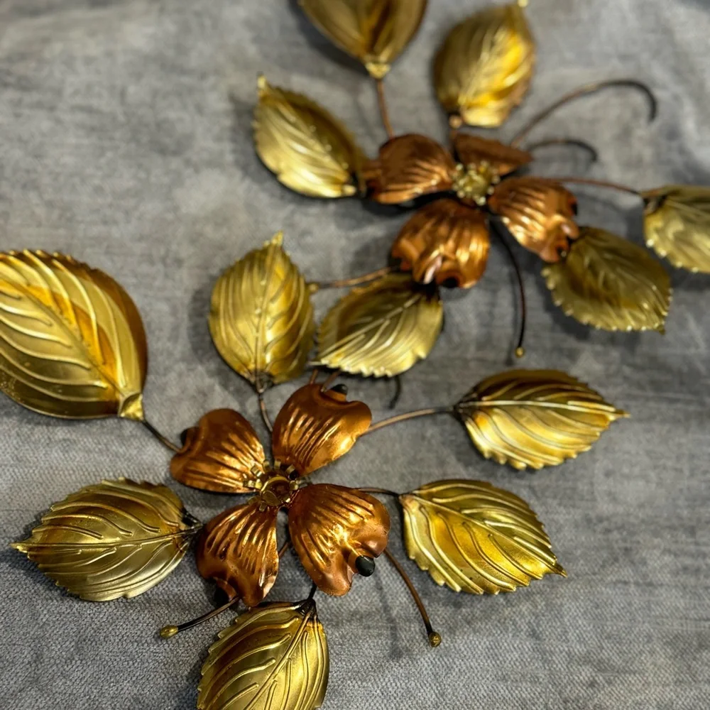 4/ Vintage Metal Flower Wall Art | Mid Century Modern Gold & Copper  / set 4